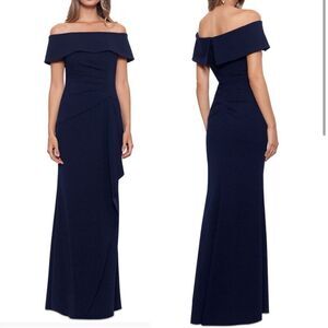 NWT XSCAPE EVENINGS | BLUE ADRIANA LONG SCUBA CREPE OFF THE SHOULDER DRESS 6